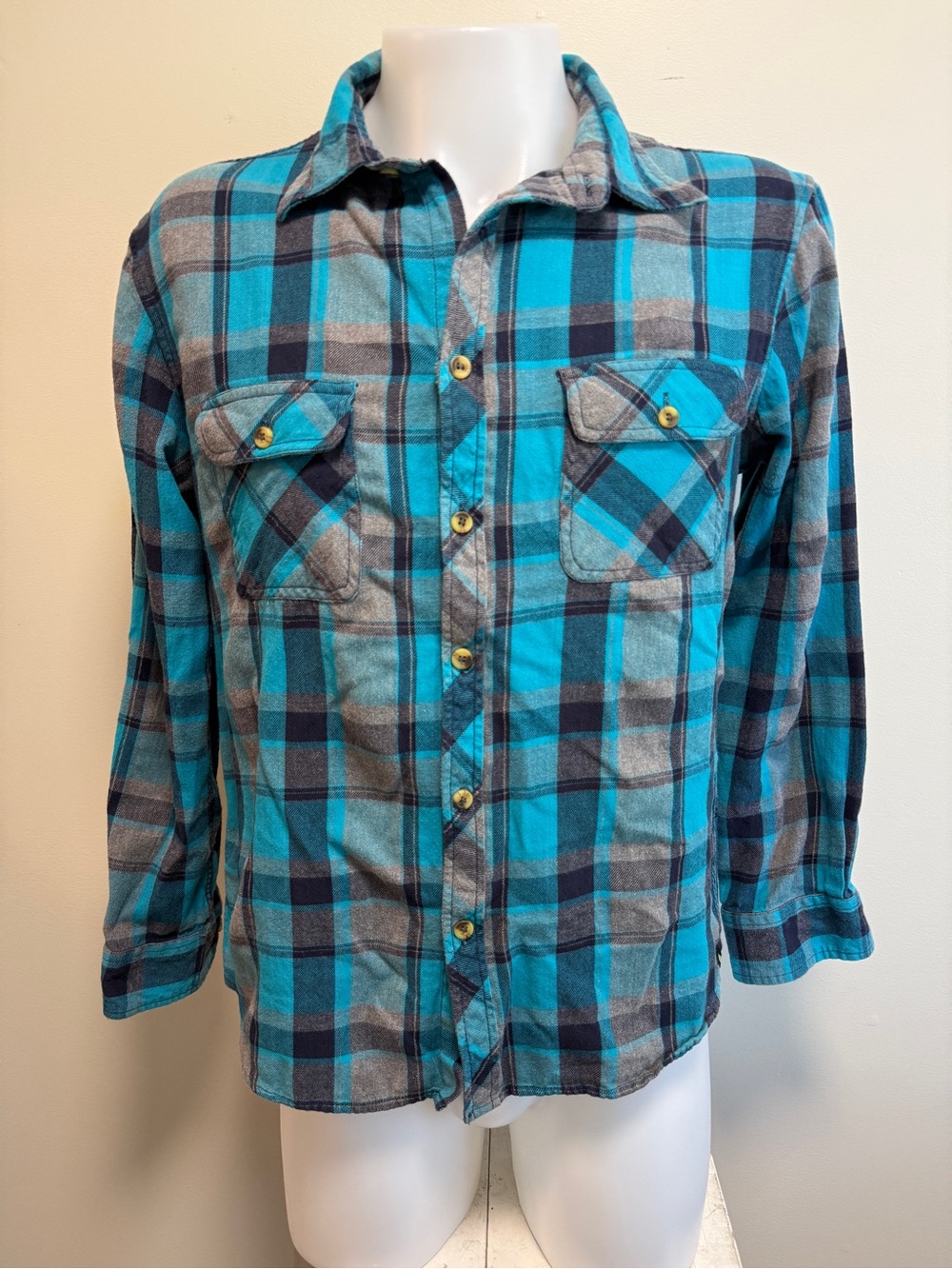 Turquoise & Gray Plaid Cotton Flannel Button-Up Shirt